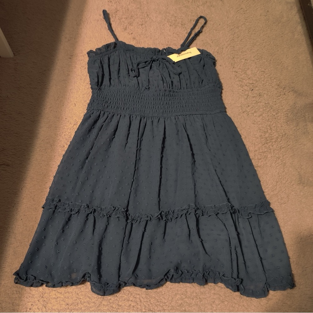 Trixxi Fanchesca’s Ezra Mini Dress Dark Teal Smocked Waist Ruffle Swiss Clip Dot